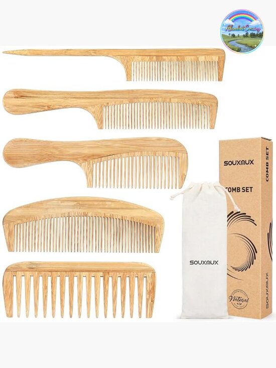Accessories - 5 Bamboo Anti-Static Hair Combs Set: Wide Tooth, Rat Tail, Fine Tooth for